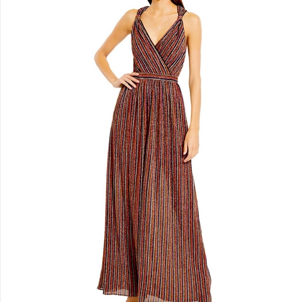 Aqua formal striped metallic gown